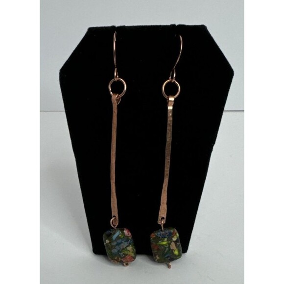 Artisan Crafted Hammered Copper And Sea Sediment Jasper Dangle Earrings Boho - Picture 1 of 6